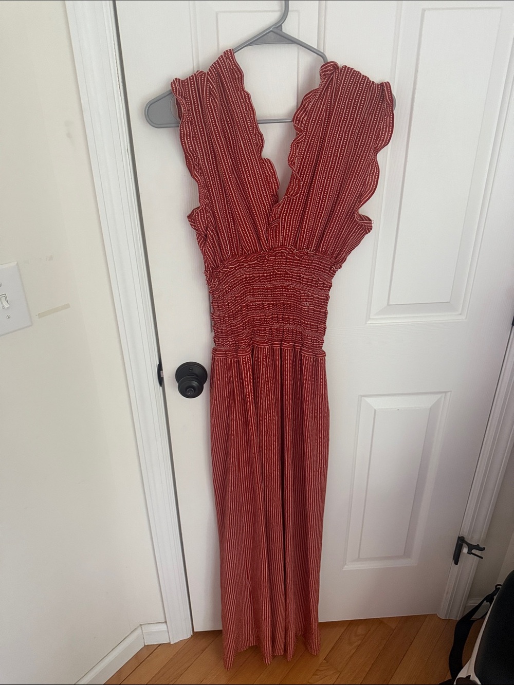 Max Studio Rust Red Smocked Jumpsuit with Ruffle Straps